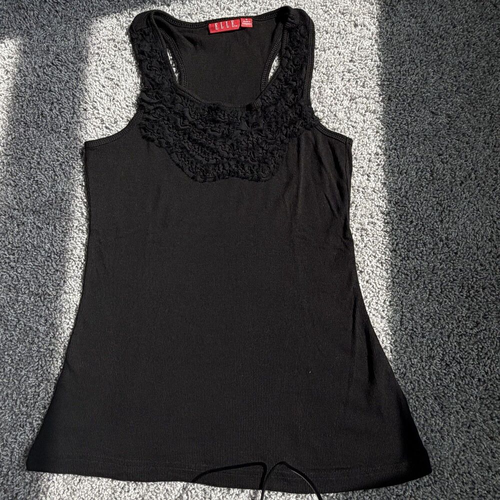 ELLE Women’s Tank Top Sleeveless Size Small Black Boho Faux Fur Stretch Ribbed